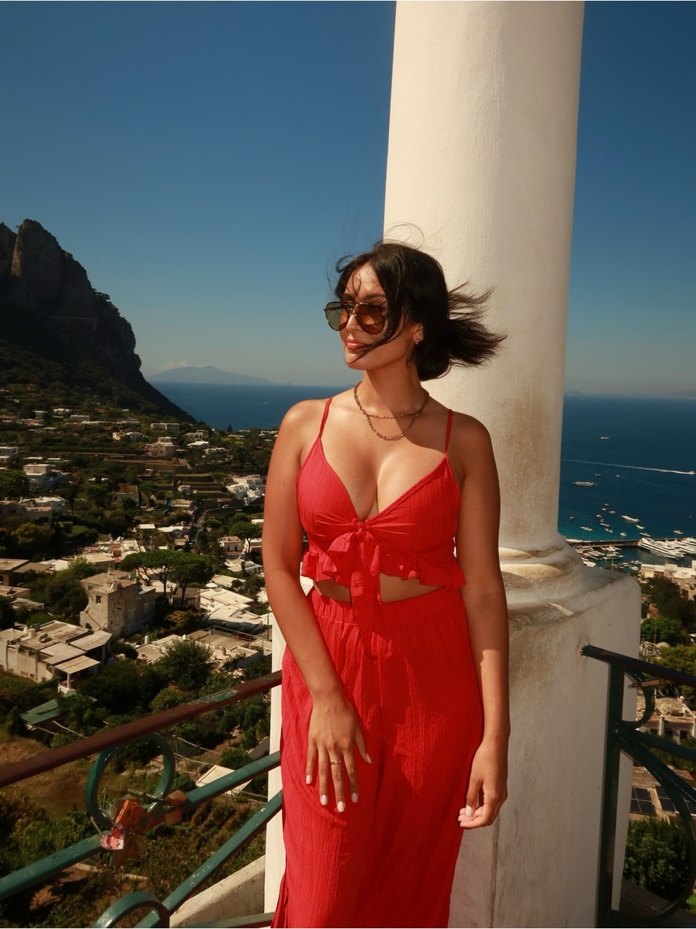 Red Ribbed Tie-Front Crop Top & Matching Pants Set - Picture 4 of 4